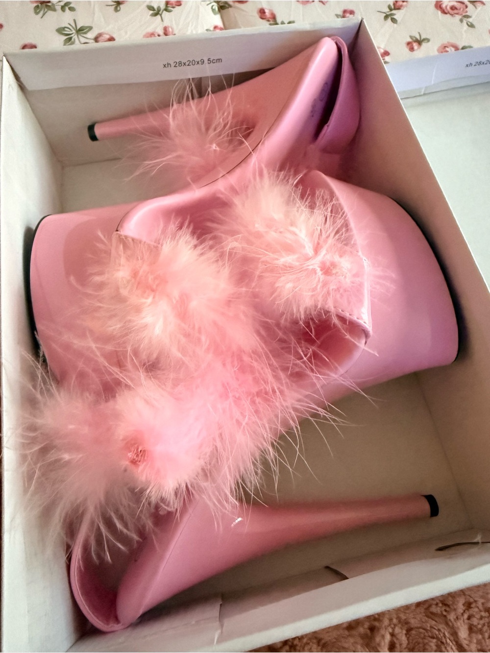 Pink Feather-Trim Platform Mules